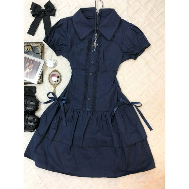 Korean Style A Line Shirt Dress - Japanese Preppy Style Lolita Dress Women