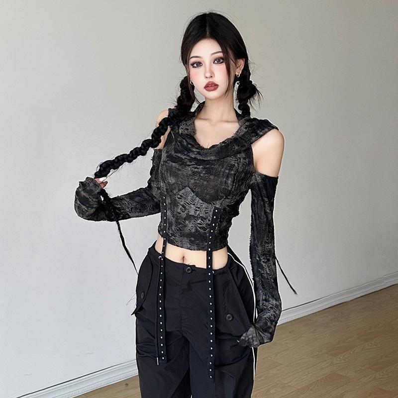 Blouses - Off Shoulder Hoodie Long Sleeve T