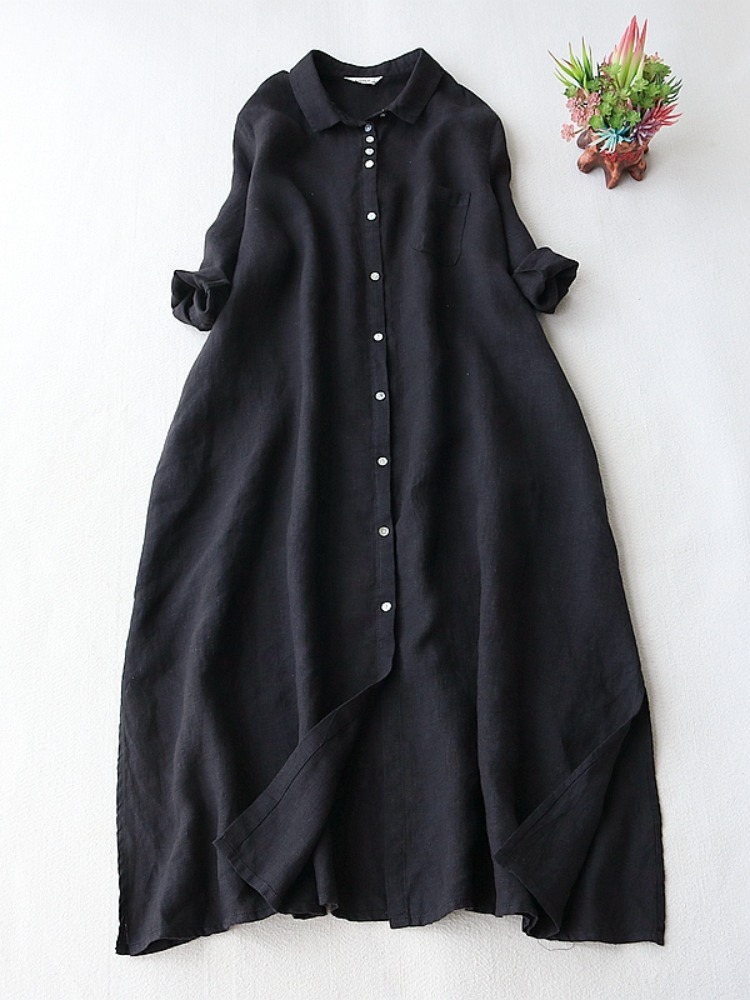 Casual Loose Linen Shirt Dress - Artistic Linen Dress Women Spring Color