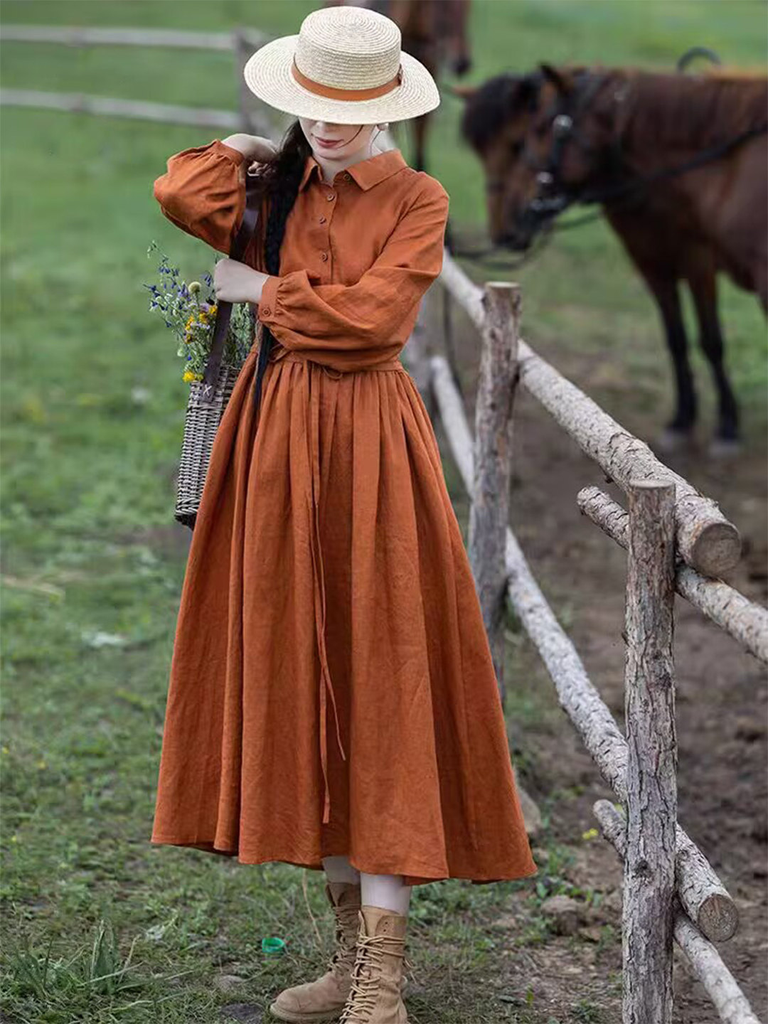 Casual Loose Linen Shirt Dress - Women Orange Linen Maxi Dress Shirt