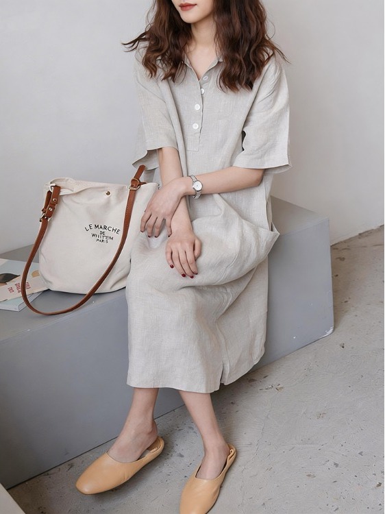 Ladies' Cotton Linen Shirt Dre - Casual Loose Linen Shirt Dress 评论和价格