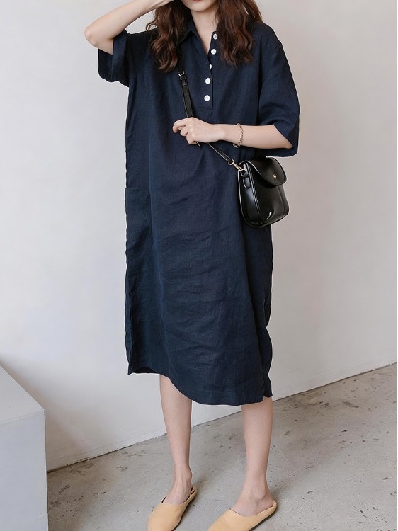 Ladies' Cotton Linen Shirt Dre - Casual Loose Linen Shirt Dress 评论和价格
