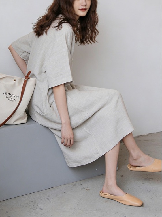 Ladies' Cotton Linen Shirt Dre - Casual Loose Linen Shirt Dress 评论和价格