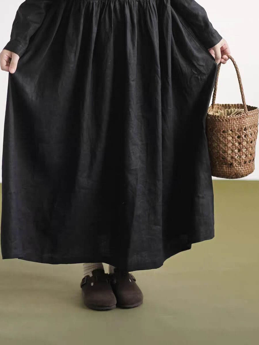 Black Lace Collar Long Sleeve  - Casual Loose Linen Shirt Dress 评论和价格