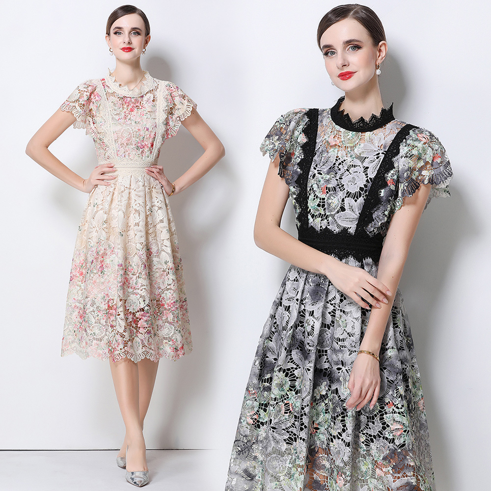 Elegant Lace Embroidery Hollow - French Vintage Floral Midi Dress 评论和价格