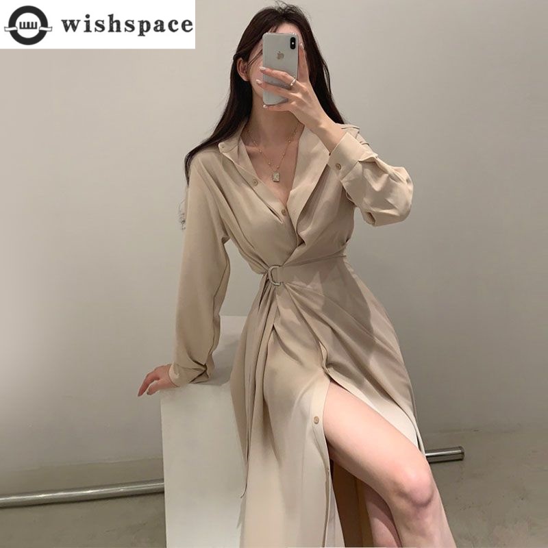 Long Sleeved Lapel Shirt Style - Korean Style A Line Shirt Dress 评论和价格