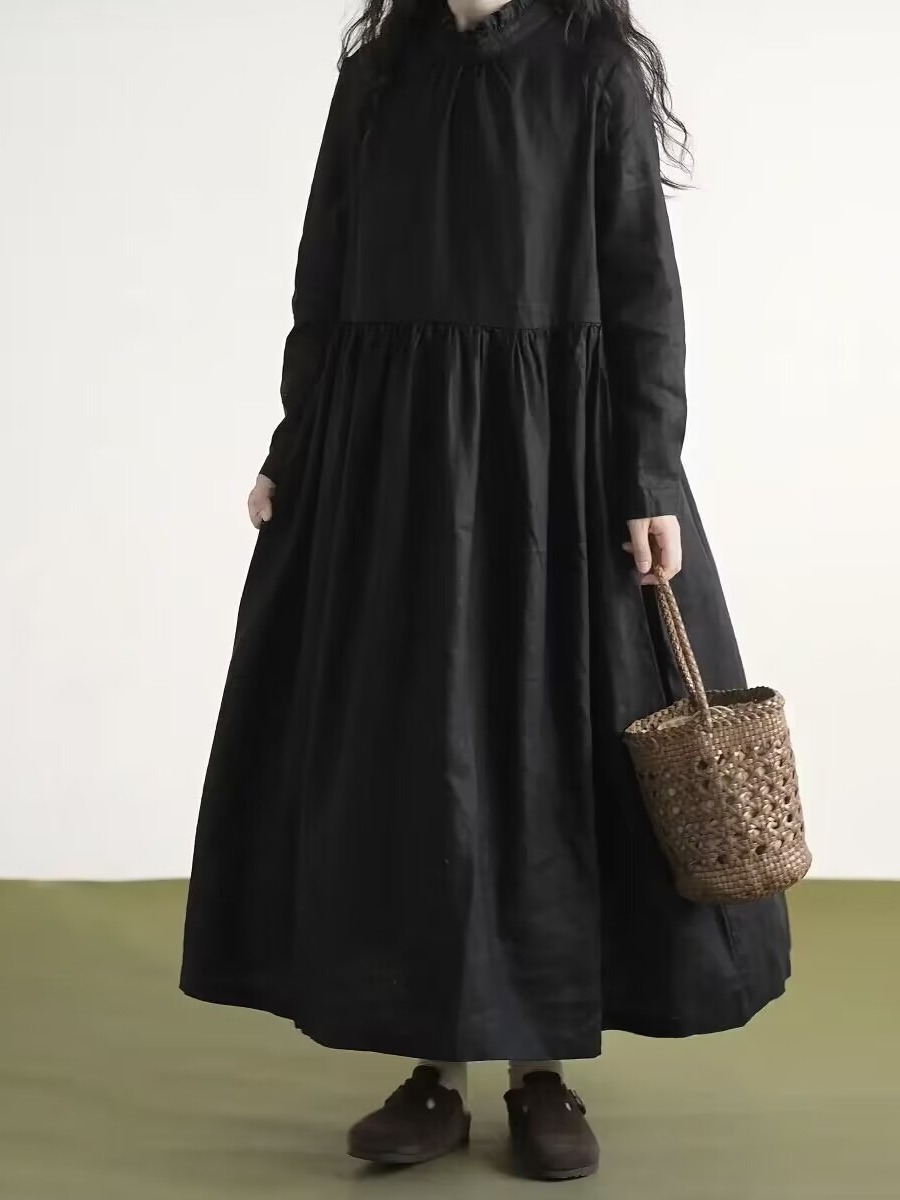Black Lace Collar Long Sleeve  - Casual Loose Linen Shirt Dress 评论和价格