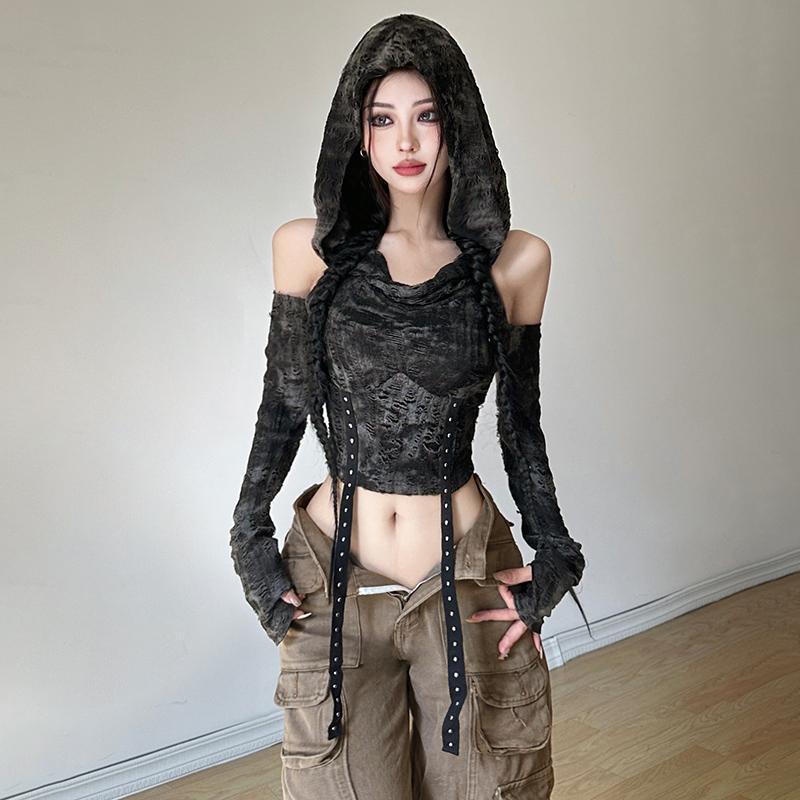 Off Shoulder Hoodie Long Sleev - Blouses 评论和价格