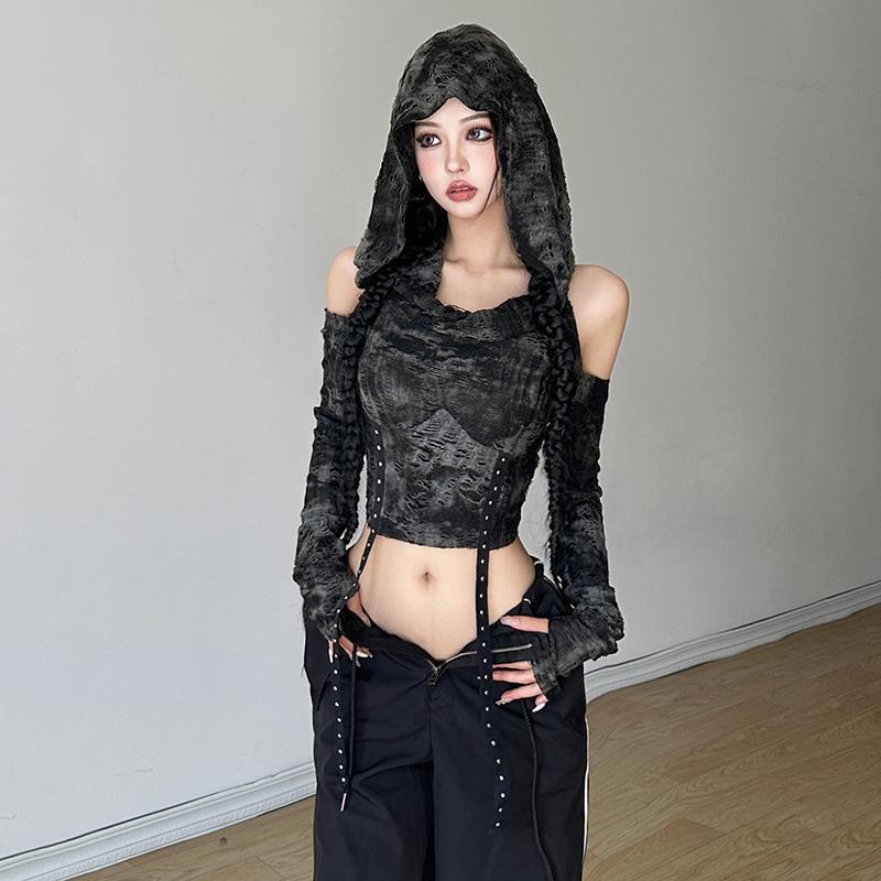 Off Shoulder Hoodie Long Sleev - Blouses 评论和价格