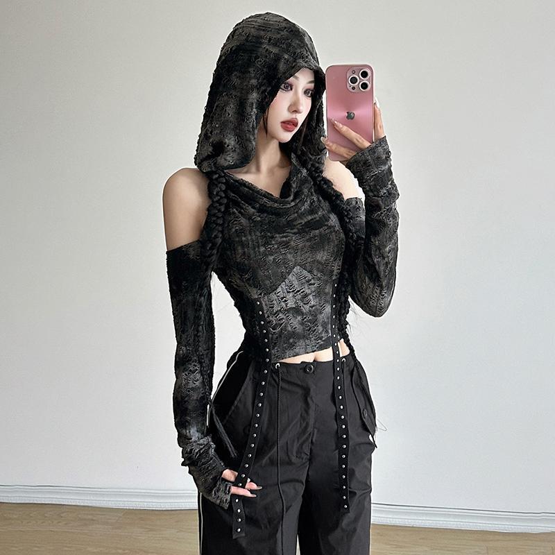 Off Shoulder Hoodie Long Sleev - Blouses 评论和价格