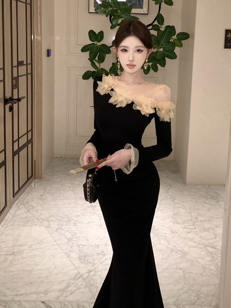 Retro 3D Floral Black Long-sle - Sexy Mesh Sheer Bodycon Dress 评论和价格