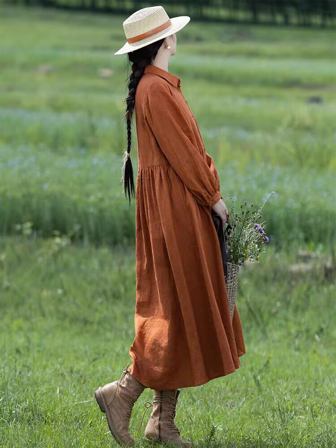Women Orange Linen Maxi Dress  - Casual Loose Linen Shirt Dress 评论和价格