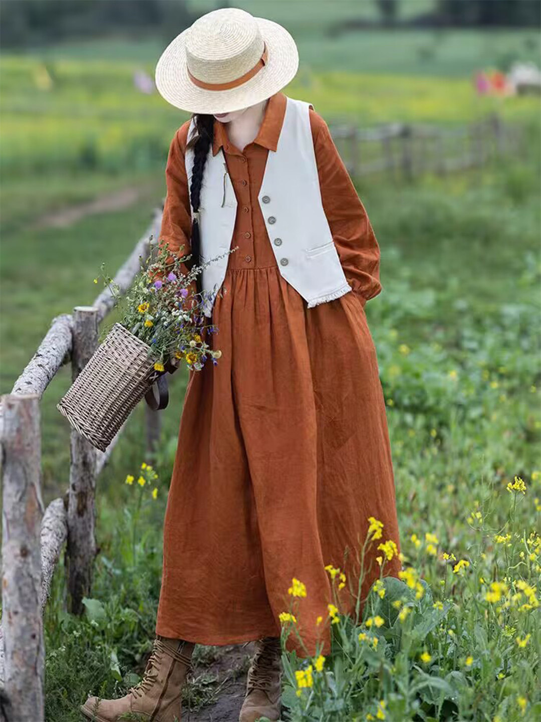 Women Orange Linen Maxi Dress  - Casual Loose Linen Shirt Dress 评论和价格