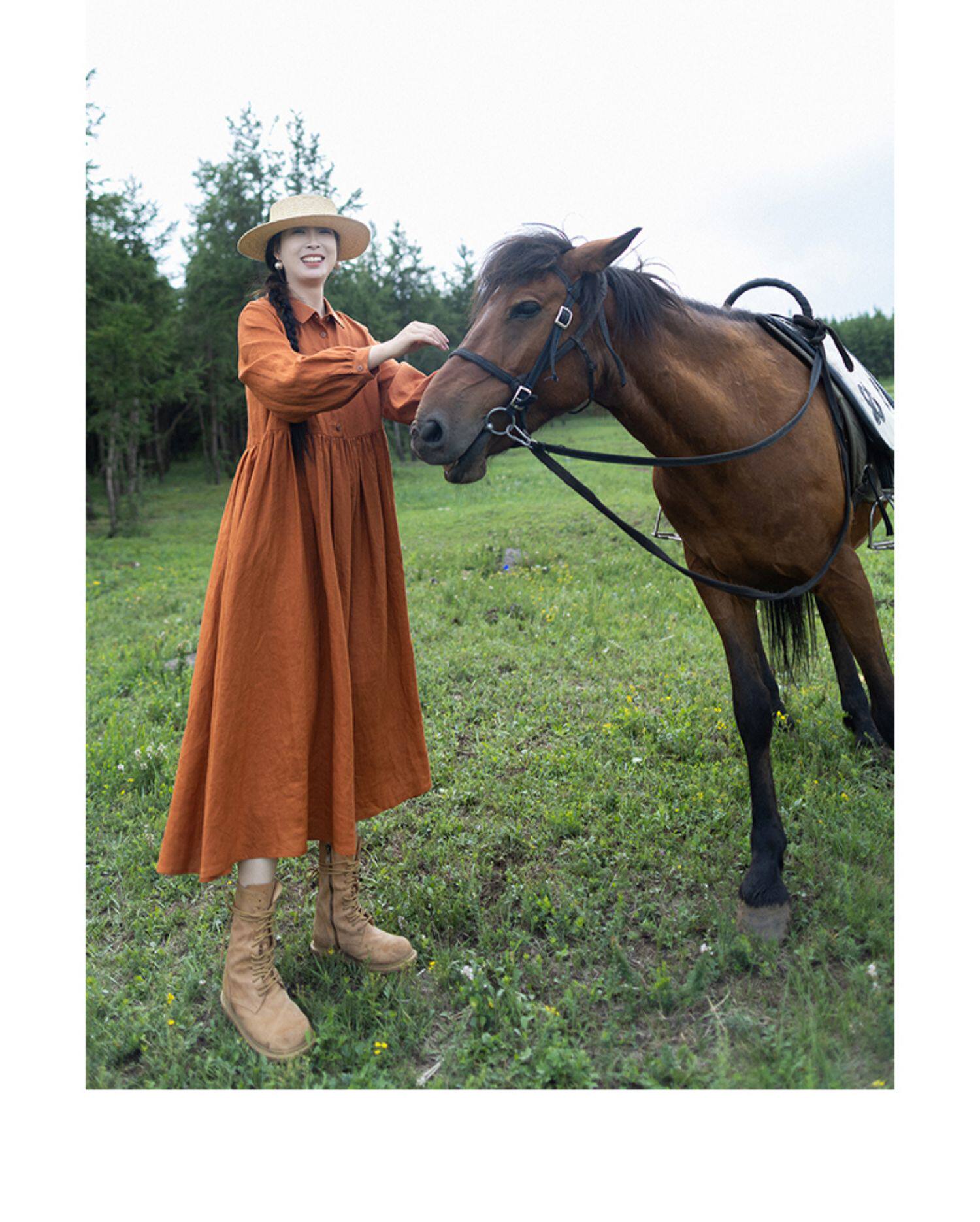 Women Orange Linen Maxi Dress  - Casual Loose Linen Shirt Dress 评论和价格